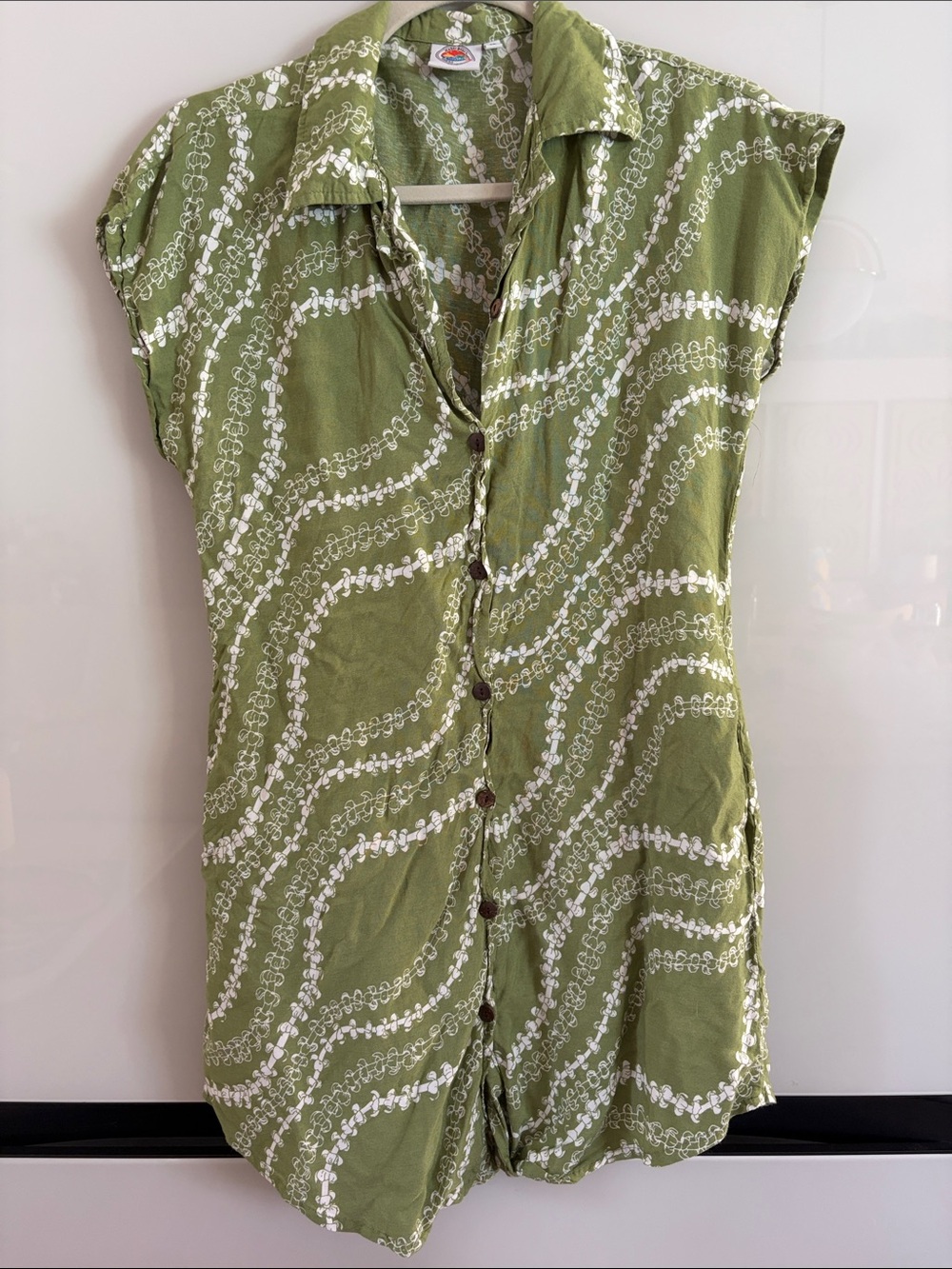 Olive Green Makai Beach Hawaii Button-Front Women's Shirt Dress Lei Flowers